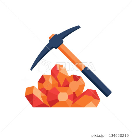 Mining pickaxe with orange gemstones vector illustration in flat style for industry and minerals concept 134638219