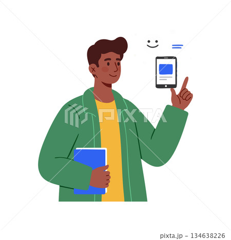 Young man holding book showing smartphone with smiling face icon and text message vector illustration Young man holding book showing smartphone with smiling face icon and text message vector illustration 134638226