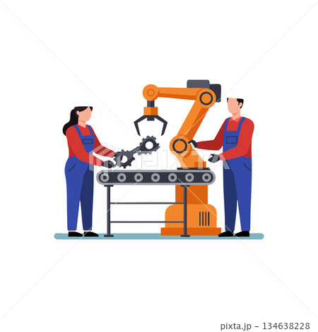 Factory workers operating robotic arm assembling machine parts on conveyor belt vector illustration Factory workers operating robotic arm assembling machine parts on conveyor belt vector illustration 134638228