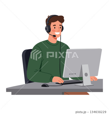 Male customer support representative working at computer with headset vector illustration Male customer support representative working at computer with headset vector illustration 134638229