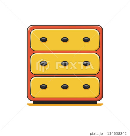 Retro style yellow and orange chest of drawers with black handles vector illustration Retro style yellow and orange chest of drawers with black handles vector illustration 134638242