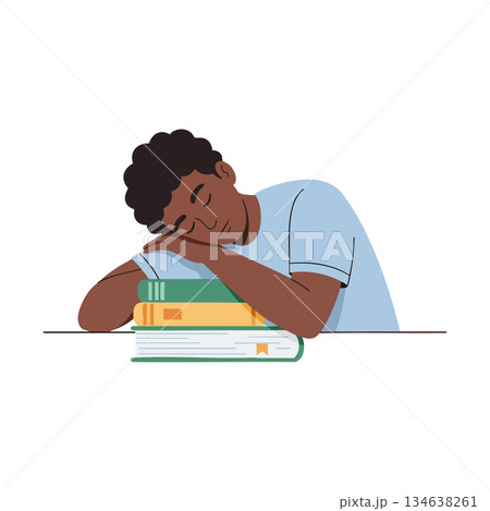 Young man sleeping on stack of books resting head on arms peaceful rest vector illustration Young man sleeping on stack of books resting head on arms peaceful rest vector illustration 134638261