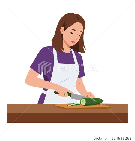 Woman slicing cucumber on wooden board with kitchen knife in casual cooking scene 134638262