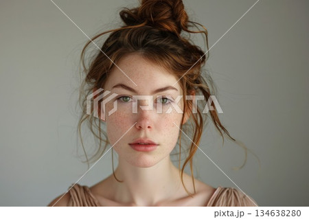 Young caucasian woman with light brown hair gazes directly, exuding tranquility and natural beauty against neutral background. Neural network AI generated 134638280