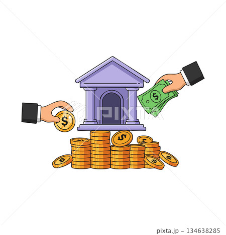 Bank building with hands exchanging money coins and bills financial concept vector illustration 134638285