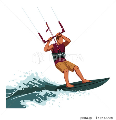 Kite surfer riding waves on a surfboard in windy conditions active water sport vector illustration 134638286