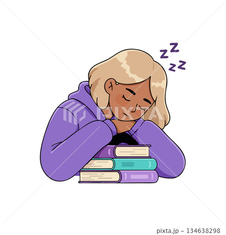 Woman Sleeping Resting Head on Books Purple Hoodie Blonde Hair Vector Illustration 134638298