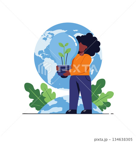 Woman holding light bulb with green plant inside standing in front of Earth globe vector illustration 134638305