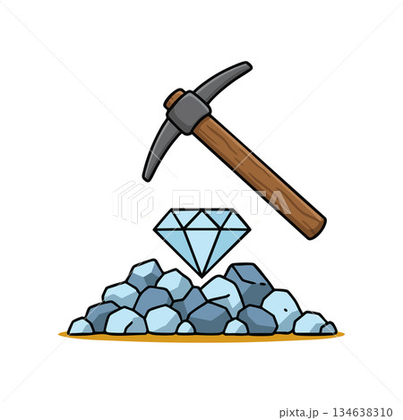 Pickaxe with blue diamond and gray rocks mining tool illustration vector image 134638310