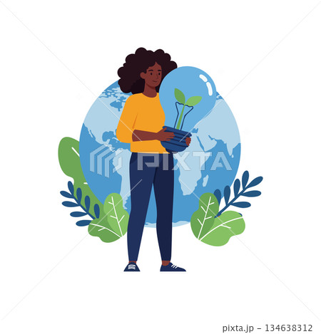 Woman holding light bulb with plant growing environmental sustainability concept vector illustration 134638312