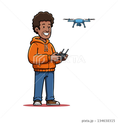 Man controlling flying drone with remote controller in casual orange hoodie and jeans vector illustration Man controlling flying drone with remote controller in casual orange hoodie and jeans vector illustration 134638315