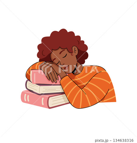 Woman resting head on stack of books in orange striped sweater vector illustration Woman resting head on stack of books in orange striped sweater vector illustration 134638316