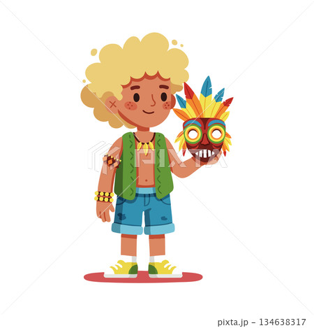 Boy holding colorful tribal mask with feathers and casual summer clothes vector illustration 134638317