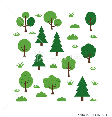 Various green tree and shrub vector illustration with grass elements in flat style 134638318