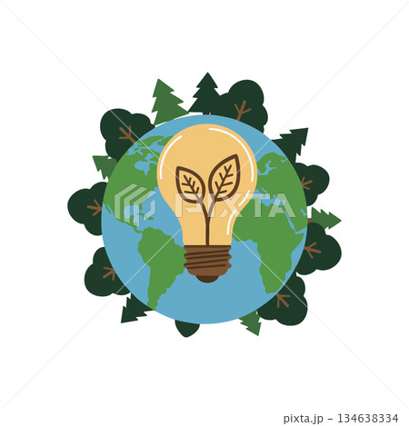 Earth planet with green trees and light bulb symbolizing eco friendly energy vector illustration Earth planet with green trees and light bulb symbolizing eco friendly energy vector illustration 134638334