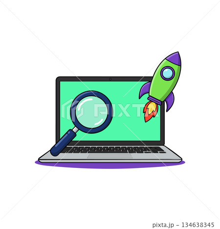 Laptop with magnifying glass and rocket launch concept vector illustration for technology growth and search optimization Laptop with magnifying glass and rocket launch concept vector illustration for technology growth and search optimization 134638345