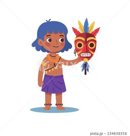 Indigenous Child Holding Traditional Tribal Mask with Colorful Feathers Vector Illustration Indigenous Child Holding Traditional Tribal Mask with Colorful Feathers Vector Illustration 134638358