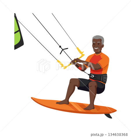 Man kite surfing on orange board with green kite active lifestyle adventure sport vector illustration Man kite surfing on orange board with green kite active lifestyle adventure sport vector illustration 134638368