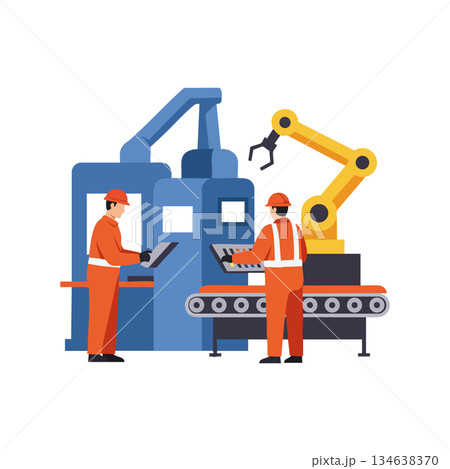 Factory workers operating industrial robotic arm and machinery in manufacturing plant vector illustration Factory workers operating industrial robotic arm and machinery in manufacturing plant vector illustration 134638370