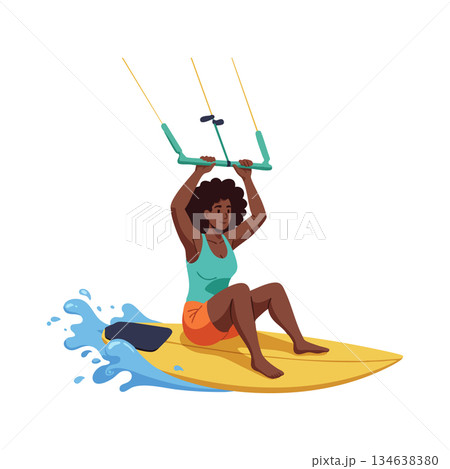 Woman riding yellow kiteboard with blue splash in summer outdoor water sport activity 134638380