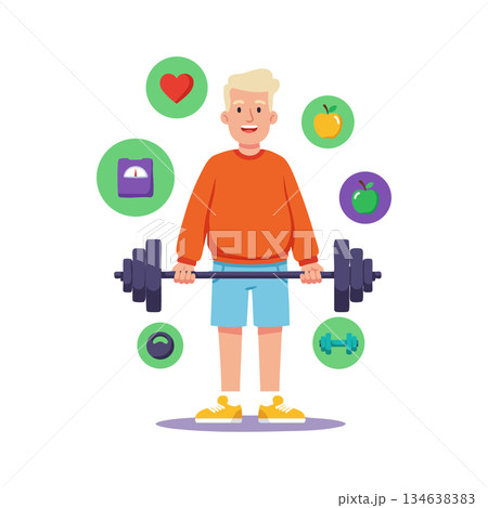 Man lifting barbell with fitness and health icons around in colorful flat style vector illustration Man lifting barbell with fitness and health icons around in colorful flat style vector illustration 134638383
