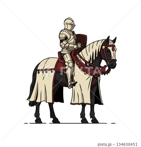 Medieval knight in full armor mounted on decorated war horse vector illustration for historical warrior design Medieval knight in full armor mounted on decorated war horse vector illustration for historical warrior design 134638451