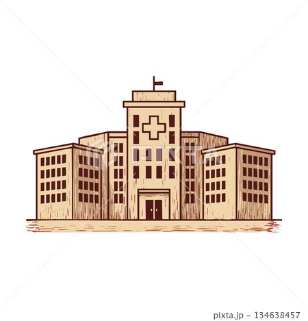 Hospital building with cross symbol and flag on roof in simple vintage style vector illustration 134638457