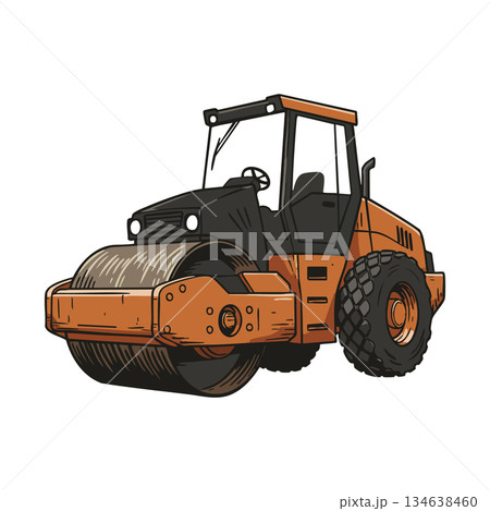 Road roller heavy construction machinery asphalt compactor equipment orange and black vehicle vector illustration Road roller heavy construction machinery asphalt compactor equipment orange and black vehicle vector illustration 134638460