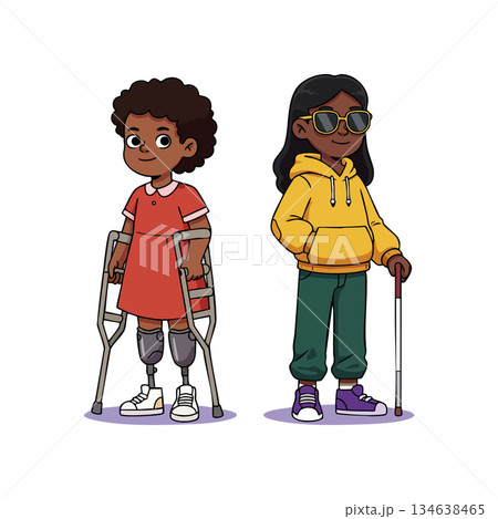 Children with disabilities standing confidently using crutches and white cane wearing casual clothes and sunglasses vector illustration Children with disabilities standing confidently using crutches and white cane wearing casual clothes and sunglasses vector illustration 134638465