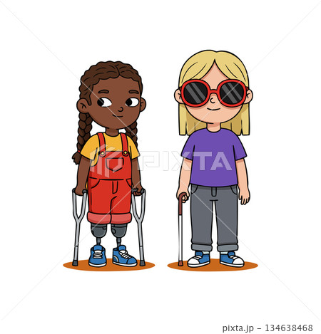 Two disabled children with prosthetic legs and walking aids smiling and standing together in colorful casual clothes vector illustration 134638468