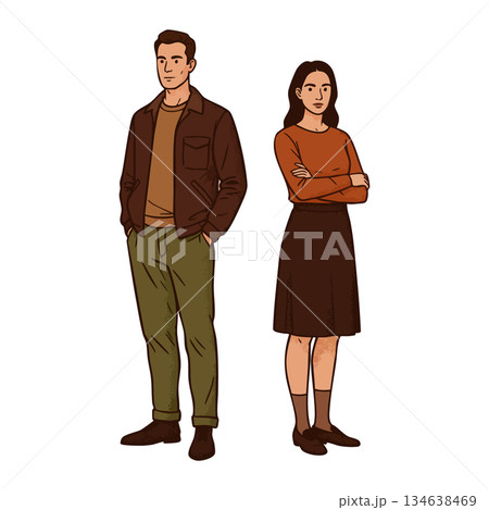 Young man and woman standing with casual autumn clothing in vector illustration style Young man and woman standing with casual autumn clothing in vector illustration style 134638469