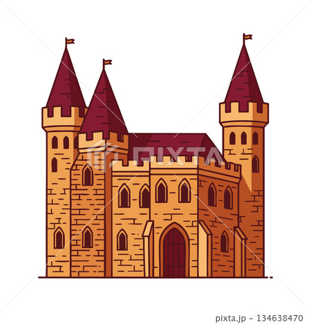 Medieval castle with three towers and flags in vector style detailed historic fortress architecture illustration 134638470