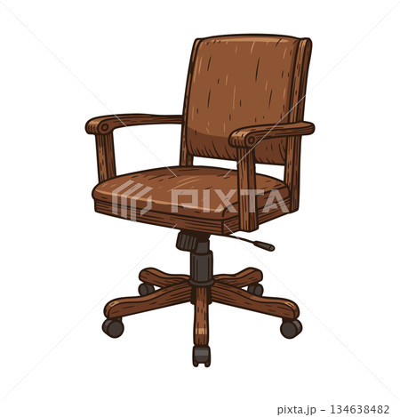 Brown wooden office chair with wheels and adjustable height vector illustration for workspace comfort design Brown wooden office chair with wheels and adjustable height vector illustration for workspace comfort design 134638482