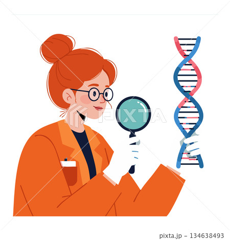 Female scientist examining DNA strand with magnifying glass in laboratory vector illustration Female scientist examining DNA strand with magnifying glass in laboratory vector illustration 134638493