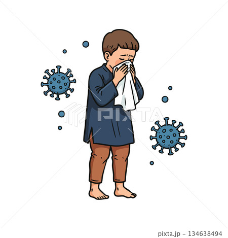 Child sneezing with tissue surrounded by virus particles representing illness and infection vector illustration 134638494