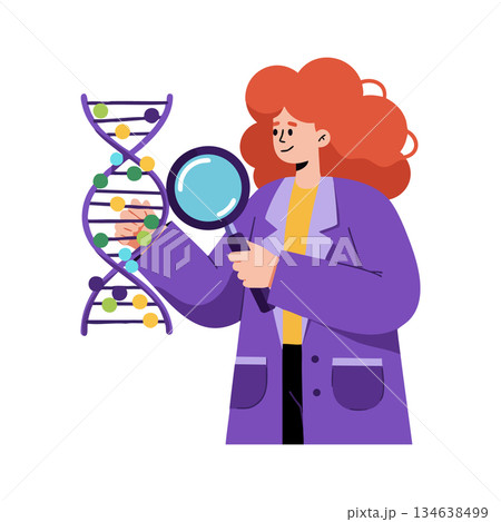 Female scientist examining DNA strand with magnifying glass in laboratory research vector illustration Female scientist examining DNA strand with magnifying glass in laboratory research vector illustration 134638499