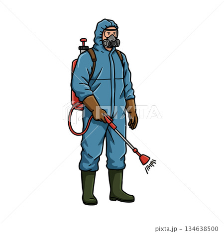 Person in protective suit spraying disinfectant with backpack sprayer for sanitation and safety measures vector illustration 134638500
