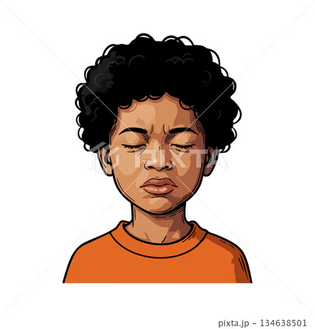Boy with curly hair wearing orange shirt showing eyes closed and displeased facial expression vector illustration 134638501