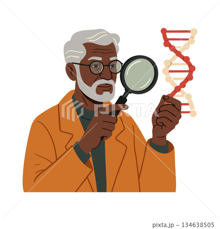 Scientist examining dna strand with magnifying glass in orange lab coat vector illustration Scientist examining dna strand with magnifying glass in orange lab coat vector illustration 134638505