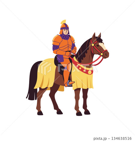 Knight in orange armor riding brown horse with yellow saddle and red bridle vector illustration Knight in orange armor riding brown horse with yellow saddle and red bridle vector illustration 134638516
