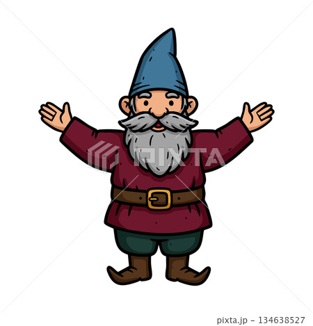 Cartoon dwarf with grey beard wearing blue hat and burgundy clothes welcoming gesture vector illustration Cartoon dwarf with grey beard wearing blue hat and burgundy clothes welcoming gesture vector illustration 134638527