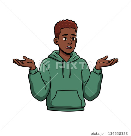 Young man shrugging shoulders in green hoodie expressing confusion or uncertainty in vector cartoon style 134638528