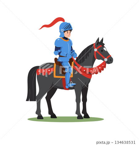 Knight in blue armor riding black horse with red harness and plume vector illustration Knight in blue armor riding black horse with red harness and plume vector illustration 134638531
