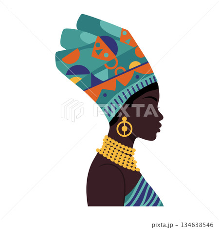 African woman profile with traditional colorful headwrap and jewelry vector illustration for cultural design and decoration 134638546