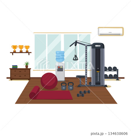 Home gym fitness equipment with dumbbells kettlebells yoga mat and exercise machine vector illustration 134638606
