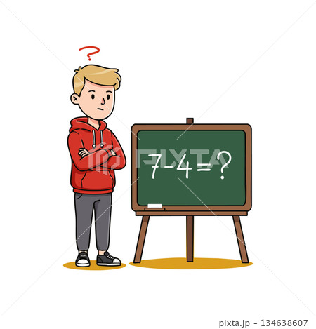 Confused boy thinking about subtraction math problem on green chalkboard vector illustration 134638607