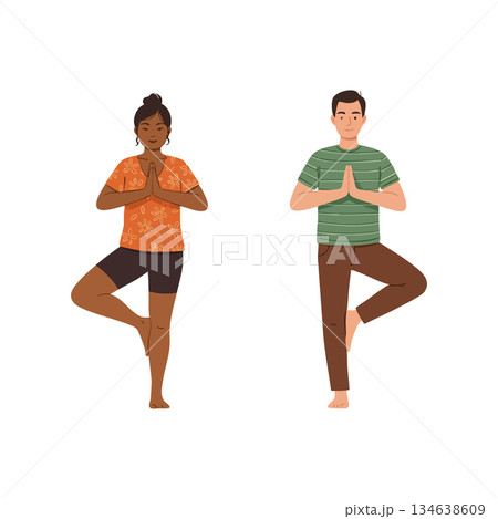 Man and woman practicing yoga tree pose together in casual clothes vector illustration 134638609