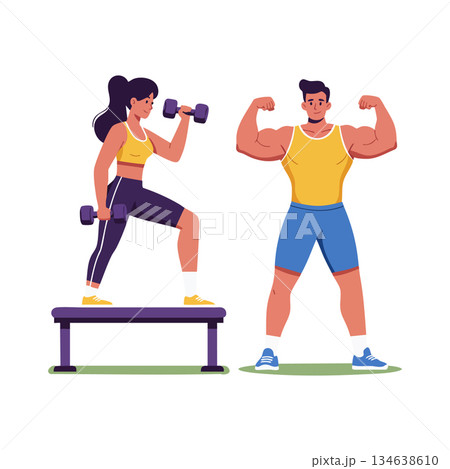 Fitness couple working out with dumbbells and bench for muscle building and strength training vector illustration Fitness couple working out with dumbbells and bench for muscle building and strength training vector illustration 134638610