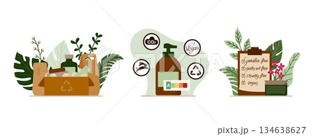 Eco Cosmetics Set. Clipboard checklist for ethical skincare, recycled cardboard box with eco packaging, skincare pump bottle with eco labels. Concept for sustainable shipping and zero waste branding Eco Cosmetics Set. Clipboard checklist for ethical skincare, recycled cardboard box with eco packaging, skincare pump bottle with eco labels. Concept for sustainable shipping and zero waste branding 134638627