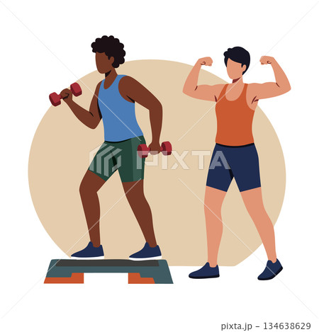 Fitness exercise with two people doing step aerobics and weight training for health and strength improvement Fitness exercise with two people doing step aerobics and weight training for health and strength improvement 134638629